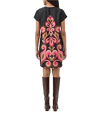 Trina Turk Hasil Placement Print Satin Georgette Zip Neck Cap Sleeve Dress