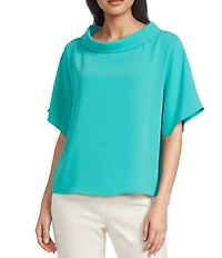 Trina Turk Honeysuckle Georgette Folded Funnel Neck Short Sleeve Top