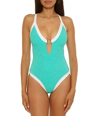 Trina Turk Indigo Banded Gold Bamboo Ring Plunge Neck One Piece Swimsuit
