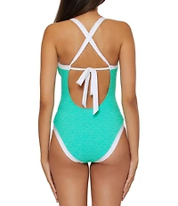 Trina Turk Indigo Banded Gold Bamboo Ring Plunge Neck One Piece Swimsuit