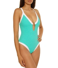 Trina Turk Indigo Banded Gold Bamboo Ring Plunge Neck One Piece Swimsuit