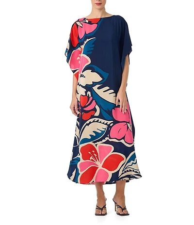 Trina Turk Jalani Floral Printed Silk Crepe Boat Neck Dolman Sleeve Maxi Caftan Dress
