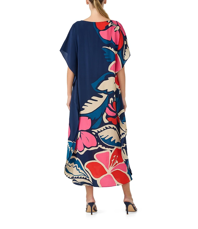 Trina Turk Jalani Floral Printed Silk Crepe Boat Neck Dolman Sleeve Maxi Caftan Dress