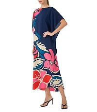 Trina Turk Jalani Floral Printed Silk Crepe Boat Neck Dolman Sleeve Maxi Caftan Dress