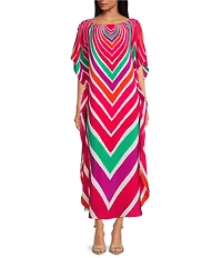 Trina Turk Jalani Printed Boat Neck Elbow Sleeve Caftan Maxi Dress