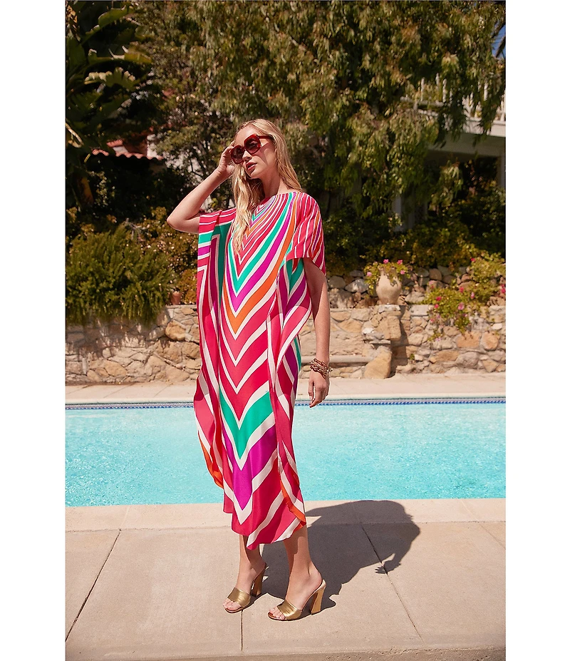 Trina Turk Jalani Printed Boat Neck Elbow Sleeve Caftan Maxi Dress