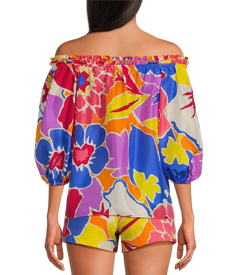 Trina Turk Jambies Soie Paradise Floral Print Off-The-Shoulder Elbow Sleeve Coordinating Top