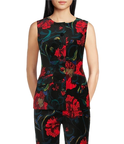 Trina Turk Kary Floral Print Velveteen Round Neck Sleeveless Button Front Vest Top