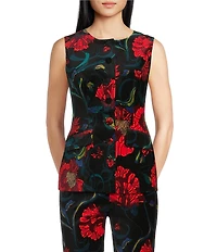 Trina Turk Kary Floral Print Velveteen Round Neck Sleeveless Button Front Vest Top