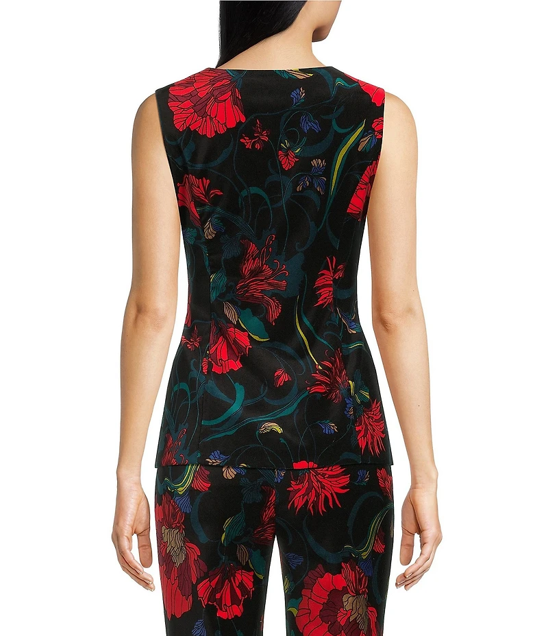 Trina Turk Kary Floral Print Velveteen Round Neck Sleeveless Button Front Vest Top
