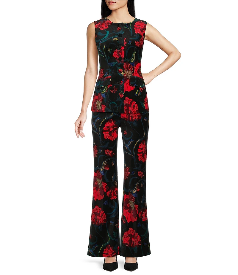 Trina Turk Kary Floral Print Velveteen Round Neck Sleeveless Button Front Vest Top