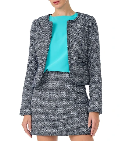 Trina Turk Kiui Tweed Round Neck Long Sleeve Braided Trim Blazer