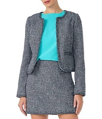 Trina Turk Kiui Tweed Round Neck Long Sleeve Braided Trim Blazer