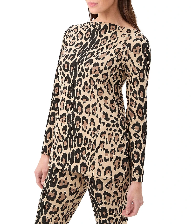 Trina Turk Legend Leopard Knit Jacquard Boat Neck Long Sleeve Top