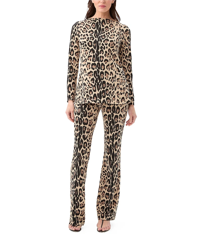 Trina Turk Legend Leopard Knit Jacquard Boat Neck Long Sleeve Top