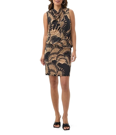 Trina Turk Lenaya Printed Jersey High Cowl Neck Sleeveless Blouson Dress