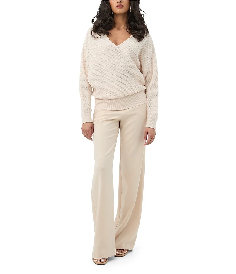 Trina Turk Lima Merino Wool Textured Knit V-Neck Long Sleeve Sweater
