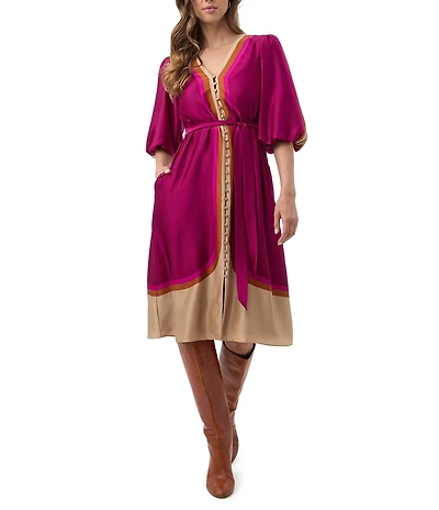 Trina Turk Linden Printed Satin Georgette V-Neck Elbow Sleeve Tie Waist Dress