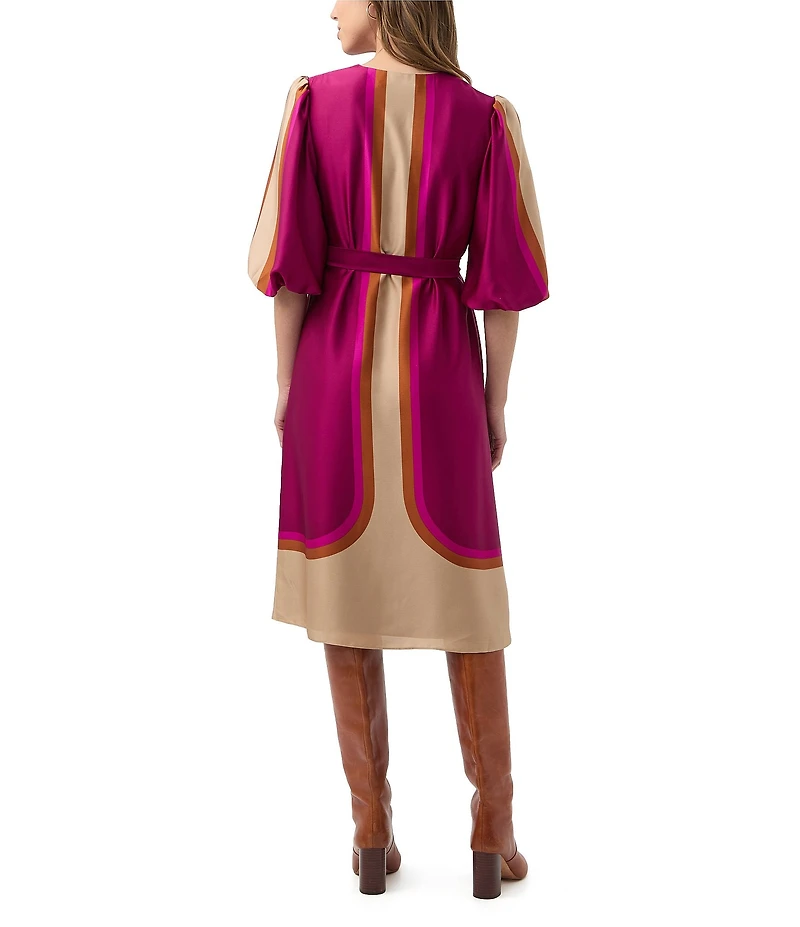 Trina Turk Linden Printed Satin Georgette V-Neck Elbow Sleeve Tie Waist Dress