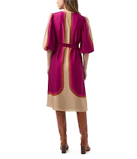 Trina Turk Linden Printed Satin Georgette V-Neck Elbow Sleeve Tie Waist Dress