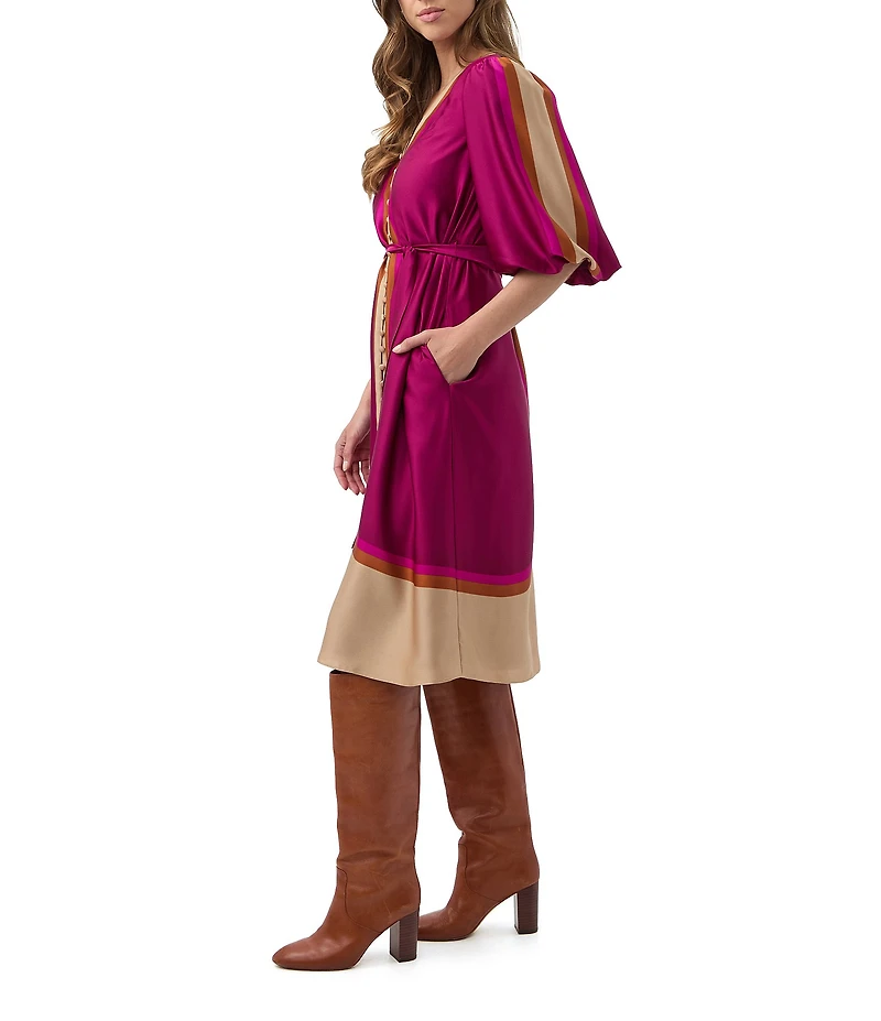 Trina Turk Linden Printed Satin Georgette V-Neck Elbow Sleeve Tie Waist Dress