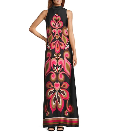 Trina Turk Loveage Satin Georgette Placement Print Mock Neck Sleeveless Maxi Dress