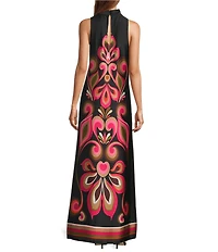 Trina Turk Loveage Satin Georgette Placement Print Mock Neck Sleeveless Maxi Dress
