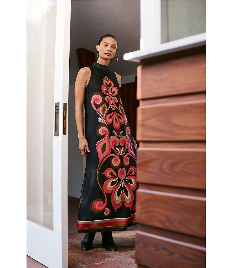 Trina Turk Loveage Satin Georgette Placement Print Mock Neck Sleeveless Maxi Dress