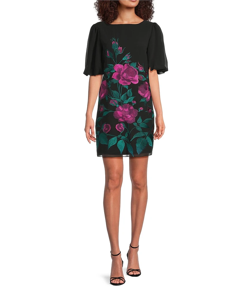 Trina Turk Luv Floral Embroidered Mesh Boat Neck Short Sleeve Dress