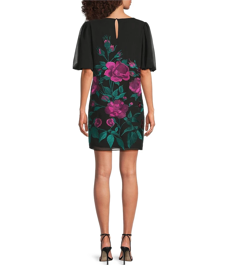 Trina Turk Luv Floral Embroidered Mesh Boat Neck Short Sleeve Dress