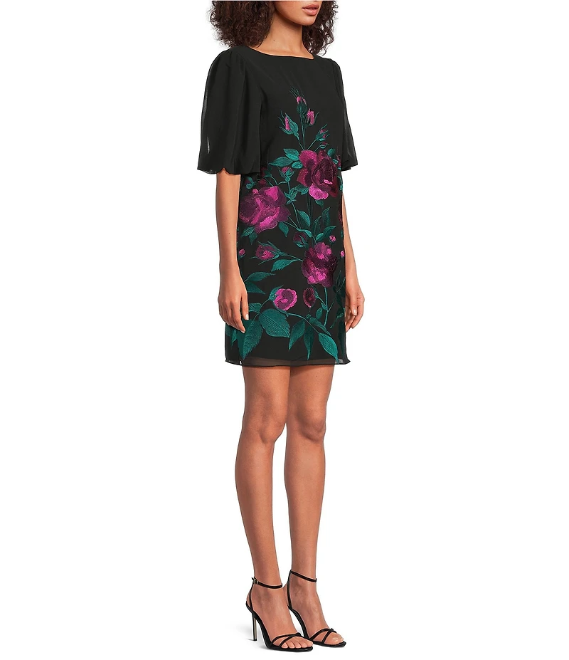 Trina Turk Luv Floral Embroidered Mesh Boat Neck Short Sleeve Dress