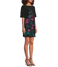 Trina Turk Luv Floral Embroidered Mesh Boat Neck Short Sleeve Dress