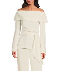Trina Turk Lyndi Double Georgette Off-The-Shoulder Long Sleeve Tie Waist Top