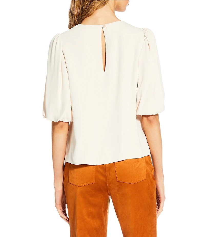 Trina Turk Magnolia Georgette Round Neck Elbow Balloon Sleeve Top