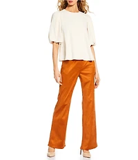 Trina Turk Magnolia Georgette Round Neck Elbow Balloon Sleeve Top
