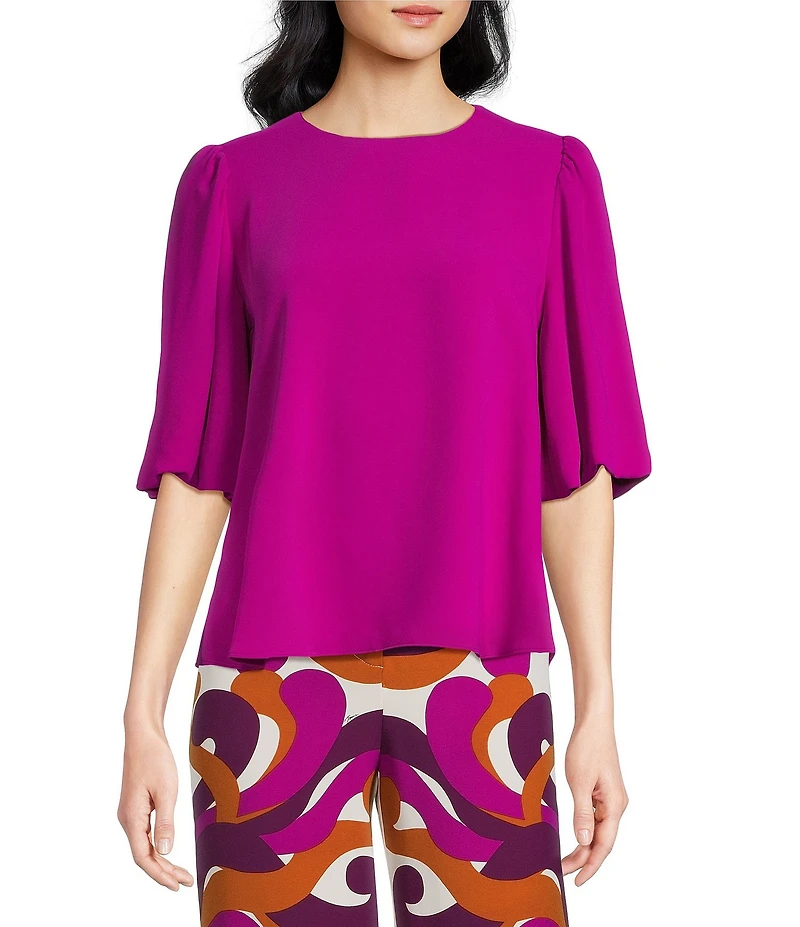 Trina Turk Magnolia Georgette Round Neck Elbow Balloon Sleeve Top