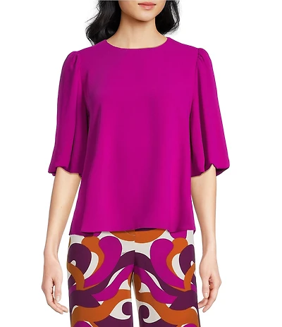 Trina Turk Magnolia Georgette Round Neck Elbow Balloon Sleeve Top