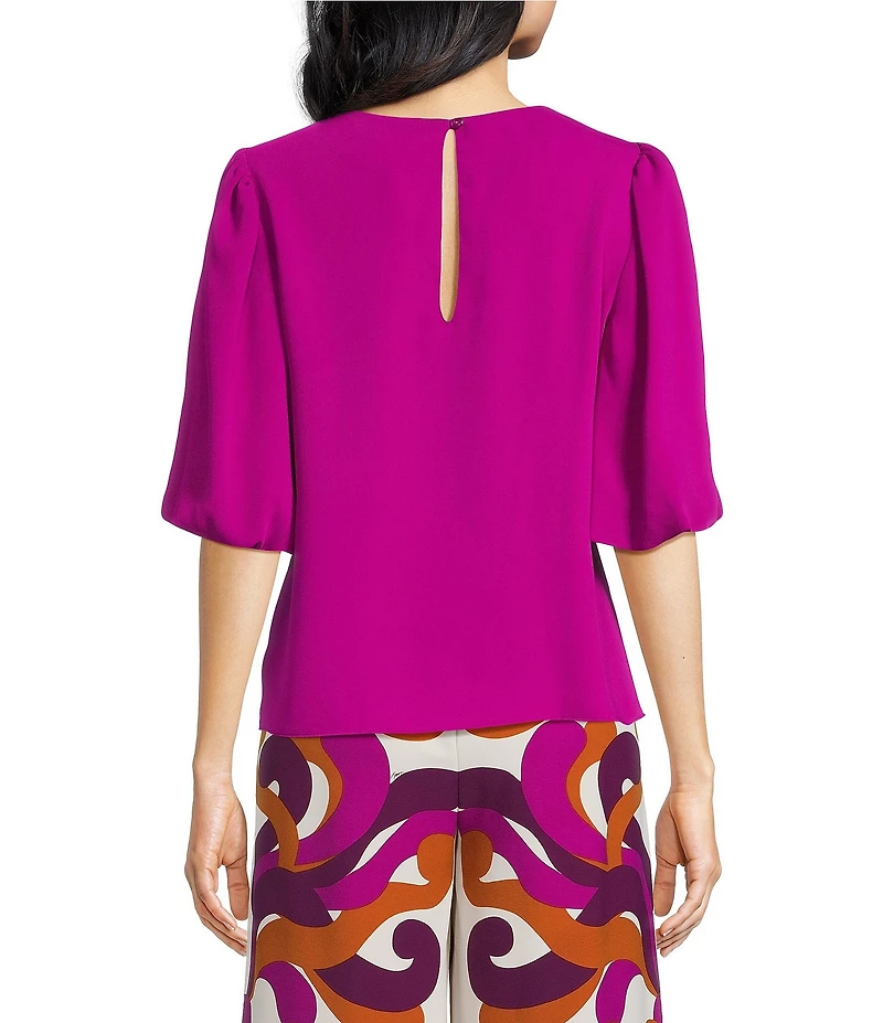 Trina Turk Magnolia Georgette Round Neck Elbow Balloon Sleeve Top