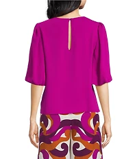 Trina Turk Magnolia Georgette Round Neck Elbow Balloon Sleeve Top
