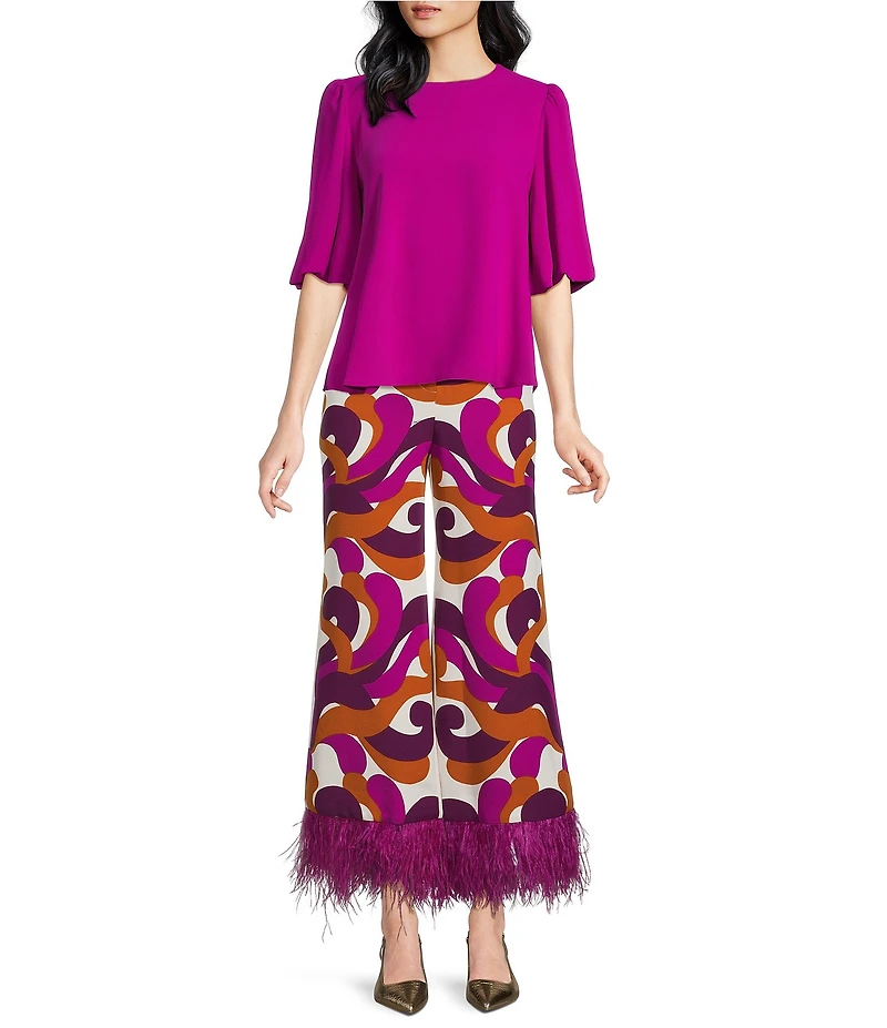 Trina Turk Magnolia Georgette Round Neck Elbow Balloon Sleeve Top