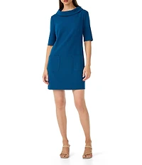 Trina Turk Maleko Crepe Knit Folded Boat Neck Elbow Sleeve Shift Dress