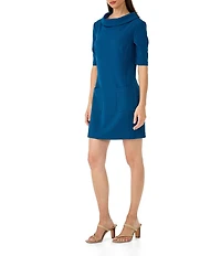 Trina Turk Maleko Crepe Knit Folded Boat Neck Elbow Sleeve Shift Dress