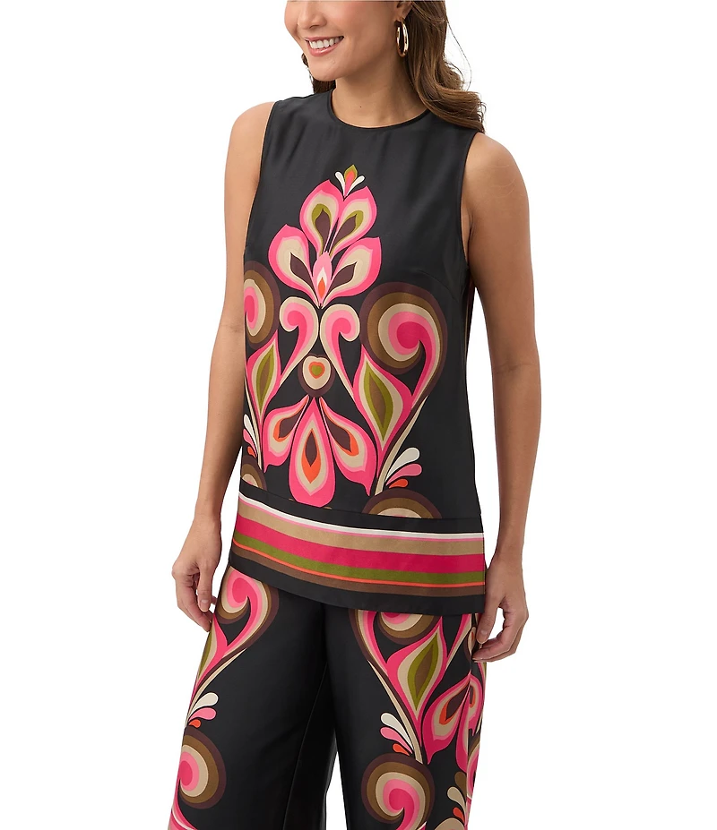Trina Turk Malema Printed Satin Georgette Round Neck Sleeveless Top