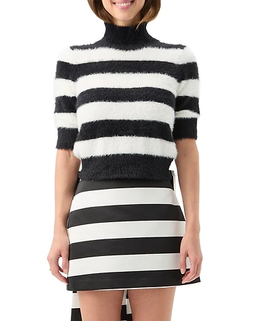 Trina Turk Mali Fuzzy Stripe Mock Neck Elbow Sleeve Sweater