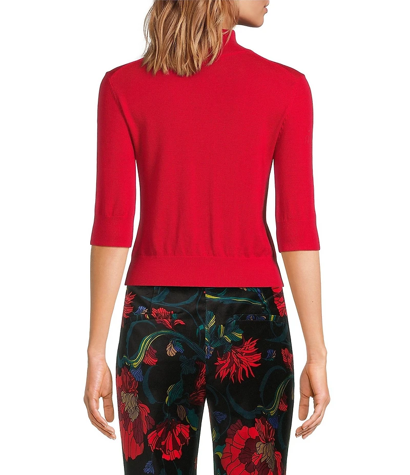 Trina Turk Mali Wool Knit Mock Neck Elbow Sleeve Sweater