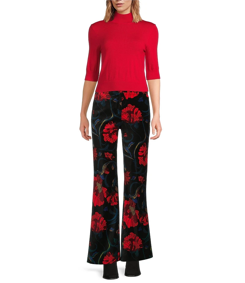 Trina Turk Mali Wool Knit Mock Neck Elbow Sleeve Sweater