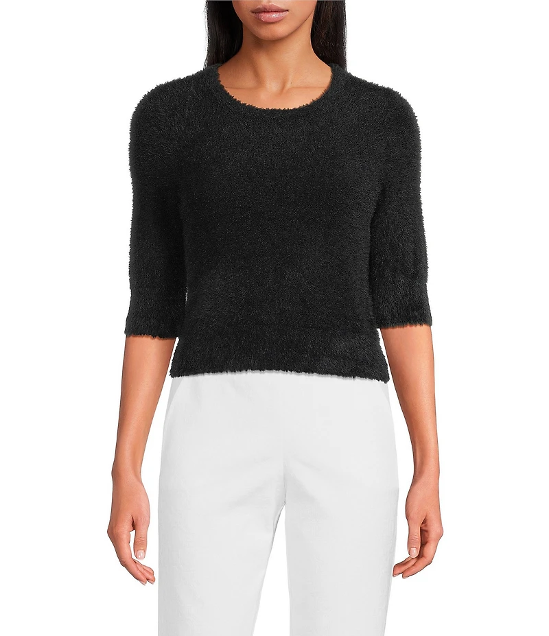 Trina Turk Maliah Fuzzy Knit Round Neck Elbow Sleeve Top