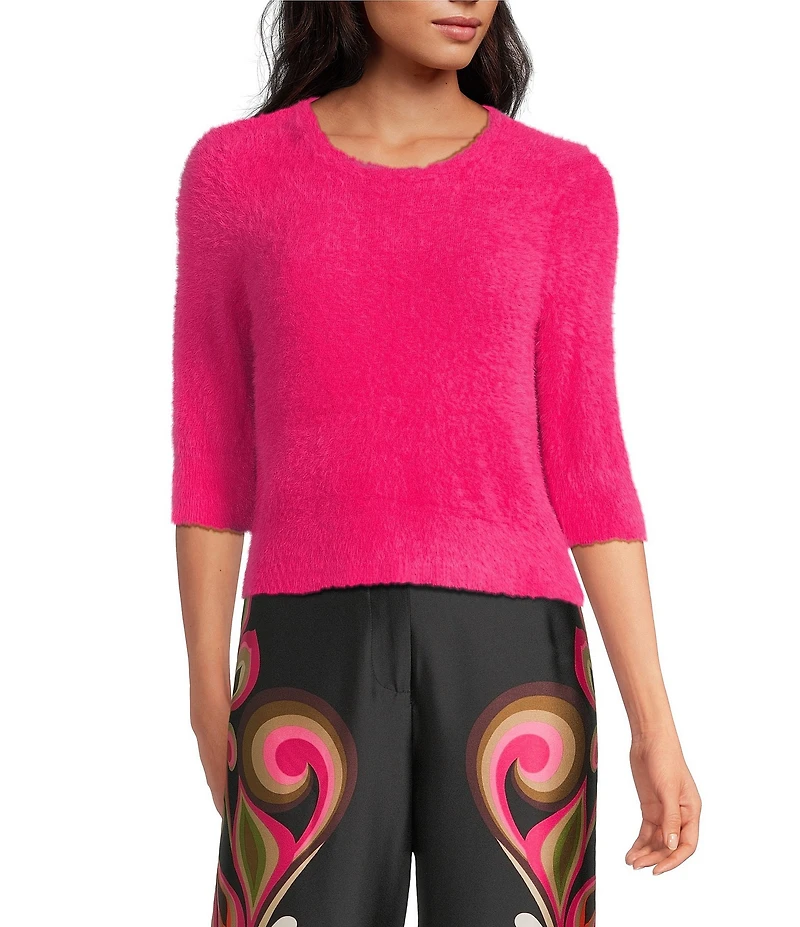 Trina Turk Maliah Fuzzy Knit Round Neck Elbow Sleeve Top