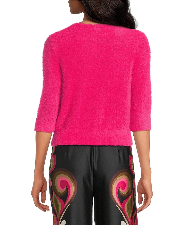 Trina Turk Maliah Fuzzy Knit Round Neck Elbow Sleeve Top