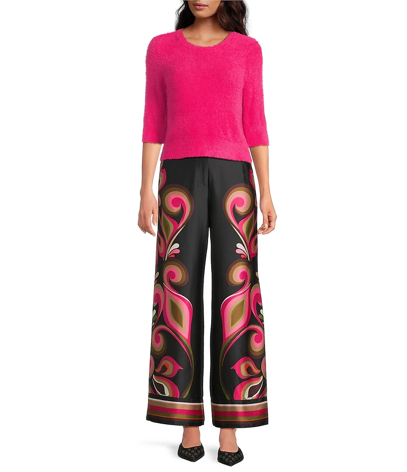 Trina Turk Maliah Fuzzy Knit Round Neck Elbow Sleeve Top